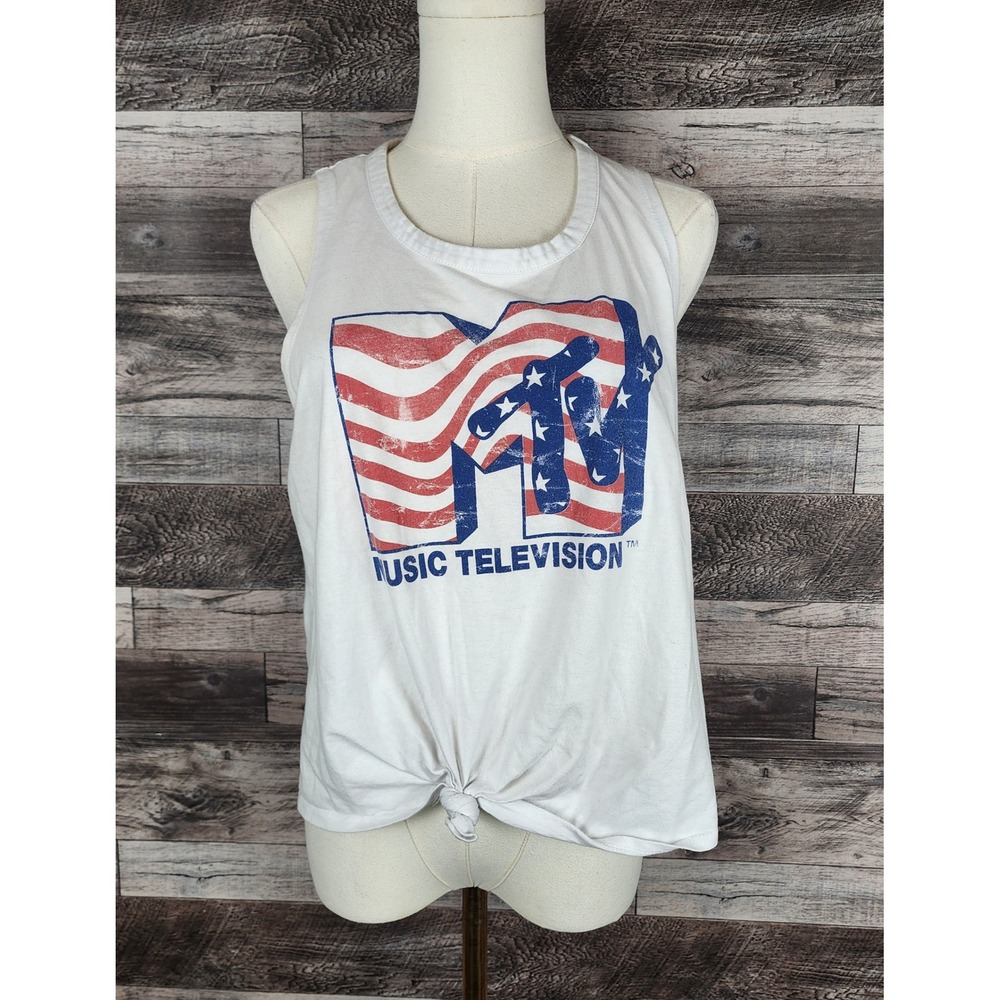 MTV Music Television Graphic Tank Top White Americana Flag Logo Front Tie Large